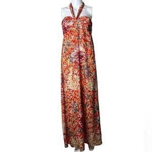 Vintage y2k Bohemian Floral Halter Maxi Dress Orange Red Size Small